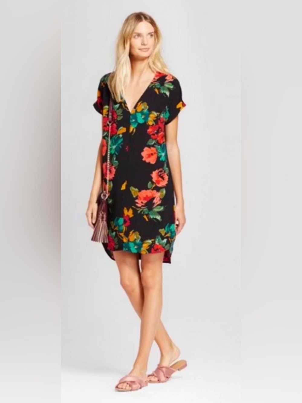 a new day Black V-Neck Mini Dress with Red and Teal Floral Print
